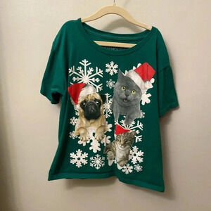 Kids small ugly Christmas tee cats dog pug Santa hat shirt snowflakes unisex